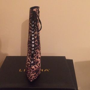 LILIANA Leopard Pointed Toe Lace Up Mid Calf Boot